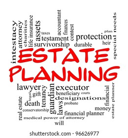 Estate Planning Word Cloud Concept In Red Caps With Great Terms Such As Durable, Will, Financials, Lawyer, Executor, Probate And More.