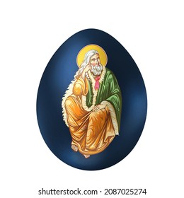 Ester egg with Prophet saint Elijah drawn in Byzantine style. Religious illustration on white background