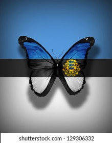Estonian flag butterfly with coat of arms, isolated on flag background