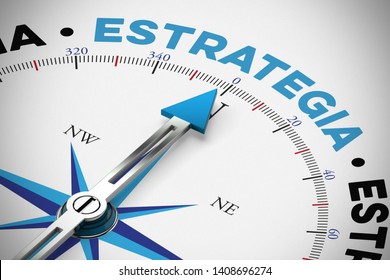 Estrategia (Spanisch für: Strategie) als Geschäftskonzept für einen Kompass (3D-Darstellung)