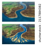 Estuary and delta in illustration 3d and rendering
