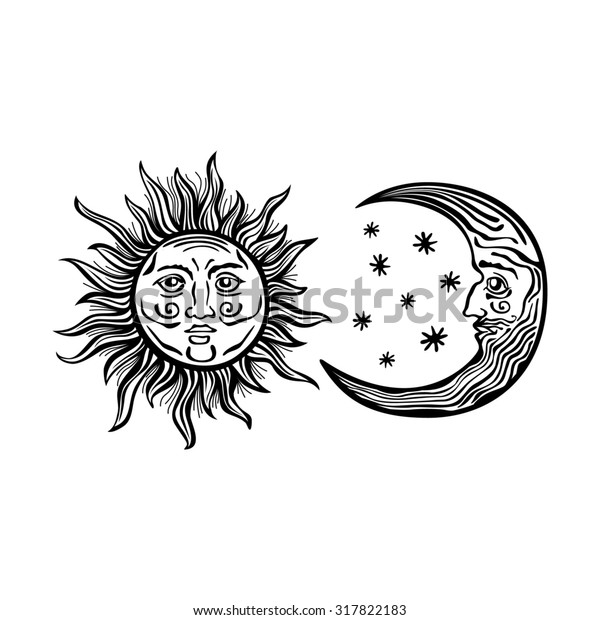 人間の顔を持つ太陽 月 星のエッチング風の漫画イラスト 輪郭は黒い背景に透明で 簡単に再色付けできます のイラスト素材