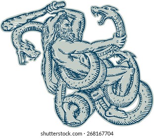 Etching engraving handmade style illustration of Hercules or Heracles of Greek mythology wearing a lion skin head fighting a Lernaean Hydra or three headed serpent on isolated white background.