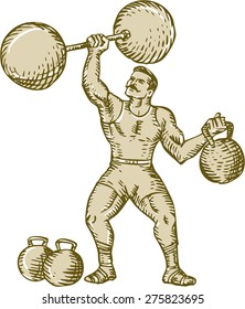Etching engraving handmade style illustration of a strongman circus performer lifting barbell on one hand and kettlebell on the other hand set on isolated white background. 