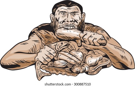 Etching Engraving Handmade Style Illustration Of A Neaderthal Man Eating A Paleo Diet Consisting Of Lean Meats, Chicken, Fish, Fruits And Vegetables Viewed From Front On Isolated White Background.