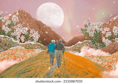 Eternal love background, senior couple design. Vintage senior couple surreal aesthetic collage art background. Vintage aesthetic desktop background. Surreal senior couple collage illustration art. - Powered by Shutterstock