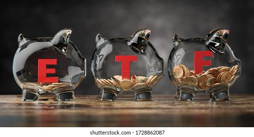 ETF Exchange Traded Fund Investment Concept. Piggy Bank And Growth Of Amount Of Coins And ETF Text. 3d Illustration