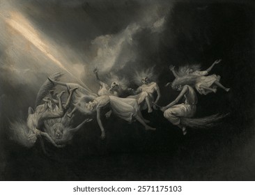 Ethereal figures float in a dark, mystical sky. Mystical, ethereal beings dance in the sky. Dark, ethereal clouds surround the mystical scene. Vintage landscape drawing illustration painting.