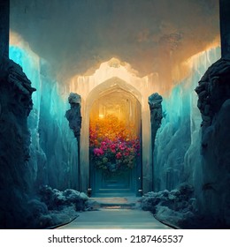 Ethereal Summer Flowers Carved Ice Door At The End Of The World 3D Illustration