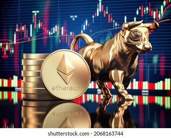 Ethereum Coin With Bull And Stock Chart. Bullish Market Of ETH. 3d Illustration