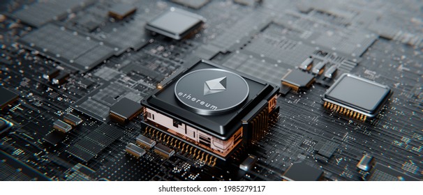 Ethereum coin over a microprocessor in a motherboard.  With copy space and selective focusing. 3d render banner illustration. Concept for crypto currency, mining, , technology, investment, finance.