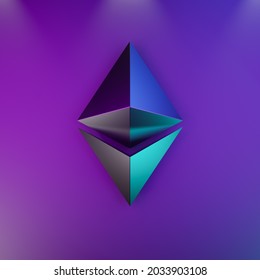 Ethereum Cryptocurrency Technology Abstract Background Concept. Pink Blue Metal Logo On Futuristic Background In Blue. 3D Illustration Rendering.
