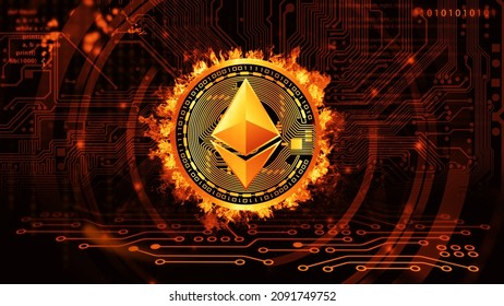 Ethereum Energy Consumption. Burning Ethereum Cryptocurrency, Virtual Money Concept. 3d Illustration.