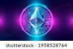 Ethereum hits new record. Ethereum and neon background. Ethereum and blockchain banner illustration. Mining and trade Ethereum concept.