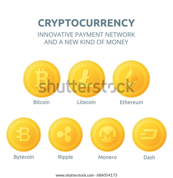 Ethereum リテコイン ビットコイン リップル ダッシュ モネロ バイトコインのアイコンは金色です 白い背景に暗号通貨のアイコンセット ラスターコピー のイラスト素材 686054173