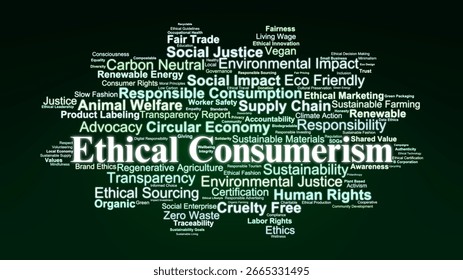 Ethical Consumerism Word Cloud. Composition Of Terms Related To Sustainable Living, Fair Trade, Ethical Production, And Consumer Responsibility In Global Markets.