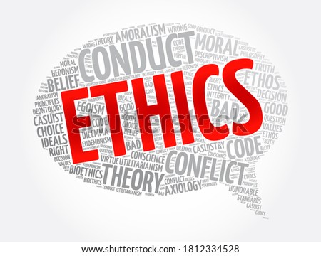 Ethics - branch of philosophy that involves systematizing and recommending concepts of right and wrong behavior, word cloud concept background