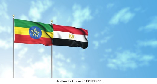 Ethiopia Flag With Egypt Flag, 3D Rendering With A Cloudy Background