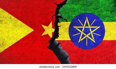 Ethiopia Vs Tigray Flags On A Wall With A Crack. Tigray And Ethiopia Conflict, War Crisis, Relationship, Economy, Trade Concept 