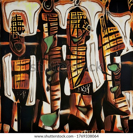 Ethnic African motifs in the style of modern abstraction. The painting is done in watercolor on wet paper.