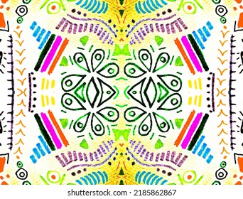 Ethnic Art. Bright Aztec Pattern Simple. Colorful Ethnic Brush. Tribal Ethnic Seamless. Rainbow Tribal Decoration. Rainbow Seamless Native Pattern.