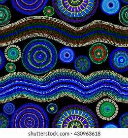 Ethnic Design With Dots, Circles And Waves. Glowing Neon Seamless Pattern. Hand Painting In Australian Aboriginal Style.