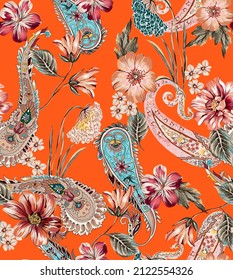 Ethnic flowers and leaves abstract vintage seamless pattern. Fabric motif texture repeated. Folkloric cashmere elements, with branch, botanic plants on orange color background.