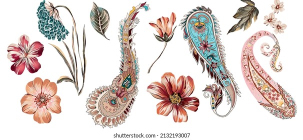 Ethnic flowers and leaves set of isolated elements illustration. Suitable for texture repeated. Branches, exotic leaves, plants on white background.