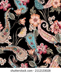 Ethnic flowers and vintage leaves seamless pattern illustration with paisley cashmere abstract colorful elements. Fabric motif texture repeated. Black background.