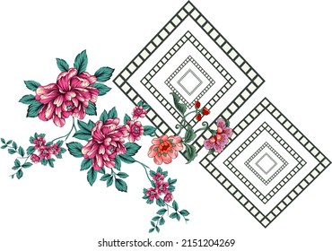 ethnic geometric shapes border baroque and multi flower Seamless pattern with paisley ornament, repeat floral texture, vintage background hand drawing baroque.  fabric printing.