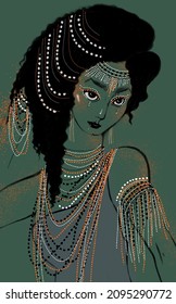 Ethnic Girl Portrait Hand Drawn Digital Illustration In Muted Green, Black, Orange, White Colors. Elegant Pose With Sensitive Sight And Plenty Of Jewelry, Body Art And Face Decoration. Unique Artwork.