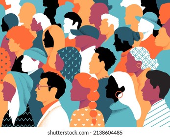 Ethnic Group Of People Profiles Illustration. Many Faces O People Of All Races, Divers People Profile View Of Men And Women, Many Races, Ages And Features. Checkered Pattern Graphic. Flat Design.