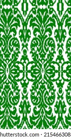 Ethnic ikat ornament decorative seamless motif pattern illustration. Curved lines and floral elements. Folkloric abstract green color on white color background.