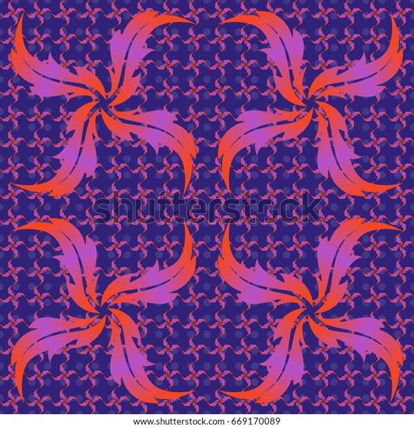 Ethnic Indian folklore.\
Abstract seamless patchwork background with violet and orange\
ornaments, geometric Moroccan seamless pattern. Stylized stars,\
snowflakes and\
grids.