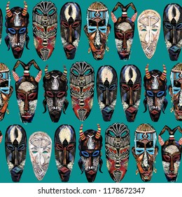 Ethnic Mask Seamless Pattern. Hand Drawn African Tribal Totem Background