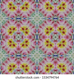 Ethnic Pattern. Repeat Tie Dye Illustration. Ikat Islamic Motif. Abstract Kaleidoscope Design. Blue, Indigo, Yellow, Red Seamless Texture. Ethnic CraftHand Made Pattern.