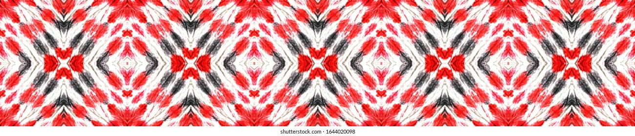 Ethnic Pattern. Repeat Tie Dye Ornament. Ikat Turkish Motif. Red, Black, White Seamless Texture. Abstract Ikat Motif. Ethnic CraftHand Made Pattern.