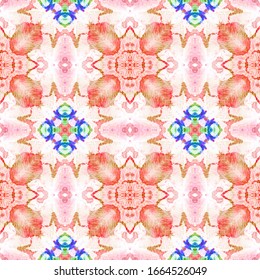 Ethnic Pattern. Repeat Tie Dye Ornament. Ikat Japanese Motif. Abstract Batik Motif. Pink and Green Seamless Texture. Ethnic CraftHand Made Pattern.