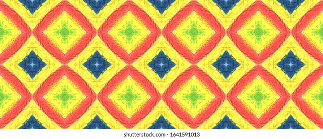 Ethnic Pattern. Seamless Tie Dye Illustration. Ikat Japanese Print. Yellow, Red, Green Seamless Texture. Abstract Ikat Design. Ethnic CraftHand Made Pattern.