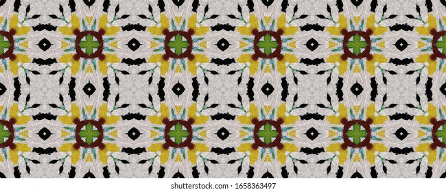 Ethnic Pattern. Seamless Tie Dye Illustration. Ikat Islamic Print. Gray Texture. Abstract Kaleidoscope Motif. Ethnic CraftHand Made Pattern.