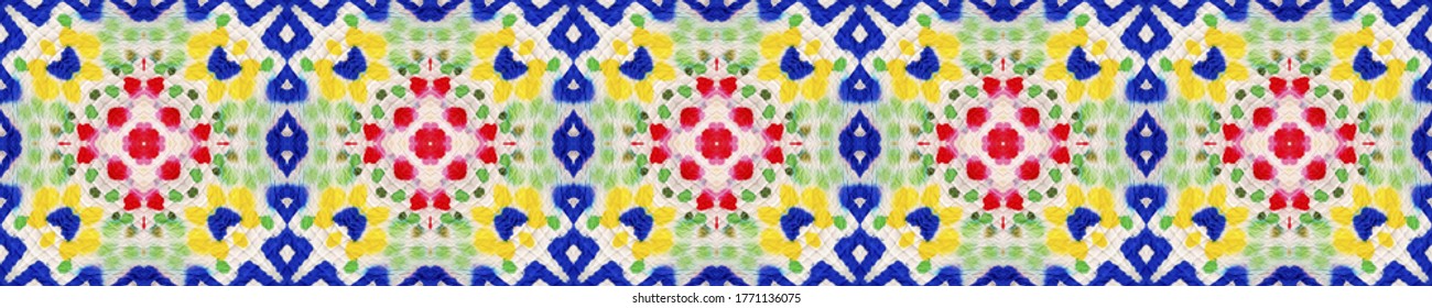 Ethnic Pattern. Seamless Tie Dye Rapport. Ikat Mexican Motif. Dots, Red, Green, Blue Seamless Texture. Abstract Ikat Design. Ethnic CraftHand Made Pattern.