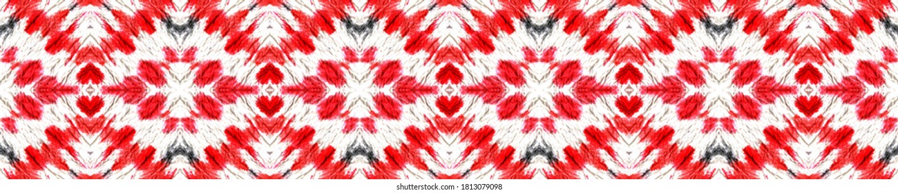 Ethnic Pattern. Seamless Tie Dye Ornament. Ikat Persian Motif. Abstract Ikat Motif. Red, Black, White Seamless Texture. Ethnic CraftHand Made Pattern.