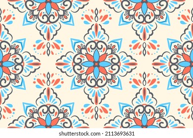 Ethnic Seamless Pattern Traditional Design For Azulejo Ceramic Tile Design, Clothing, Wrapping Paper, Fabric, Embroidery Illustration, Portuguese, Spanish, Mexican, Brazilian Folk Print.