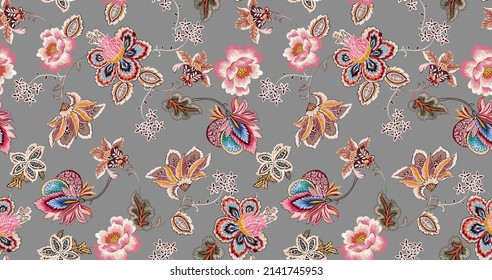 Ethnic vintage seamless flowers pattern composition illustration. Floral oriental folkloric abstract elements and exotic leafs, plants and branch. Grey color background.