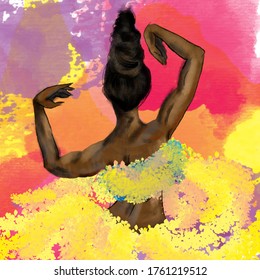 Ethnic Woman Is Dancing. Beautiful View From The Back. Body Lines And Movement Are Represented. Hands Up And The Whole Body Has Very Dynamic Shape. Ecstatic Dance. Colorful, Bright,expressive Artwork.