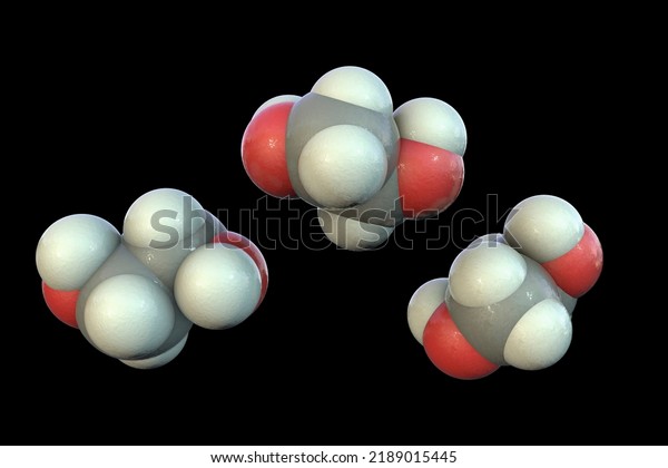 Ethylene glycol molecules, 3D illustration. An\
organic compound used in the manufacture of polyester fibers and\
for antifreeze formulations in the coolant in automobiles,\
air-conditioning\
systems