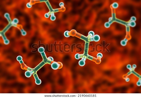 Ethylene glycol molecules, 3D illustration. An\
organic compound used in the manufacture of polyester fibers and\
for antifreeze formulations in the coolant in automobiles,\
air-conditioning\
systems