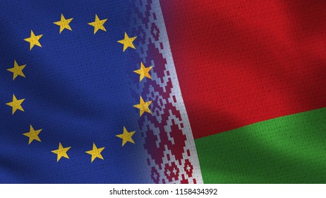 EU And Belarus Realistic Half Flags Together - European Union