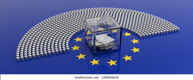 EU Election. European Union Parliament Seats And A Voting Box On EU Flag Background, Banner. 3d Illustration