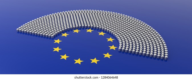 EU Election. European Union Parliament Seats And Yellow Stars Circle On Blue Background, Banner. 3d Illustration